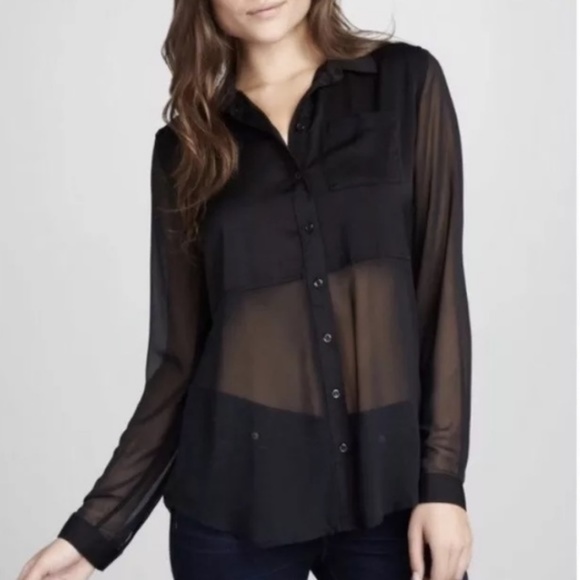 Free People Black Half Sheer Button Up Large - Picture 1 of 3